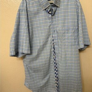 Tailorbyrd 100% cotton Blue Plaid Men's short sleeve button down casual Shirt.